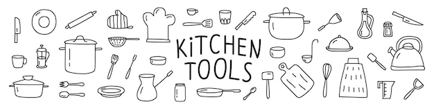 Un set di utensili da cucina in stile Doodle vettoriale