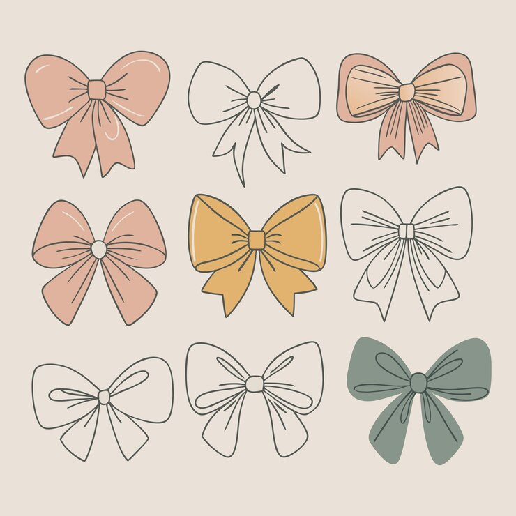 Un set di vari archi, nastri da regalo, un accessorio alla moda per intrecciare i capelli, un vettore.
