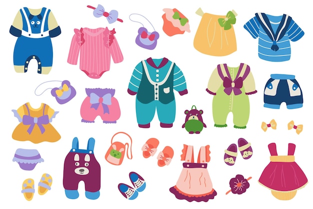 Un set di vestiti e accessori per bambini. Stile disegnato. Sfondo bianco, isolare. Illustrazione vettoriale