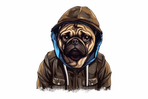 Un simpatico cane carlino che indossa una felpa con cappuccio nello stile dell'estetica hiphop Illustrazione vettoriale