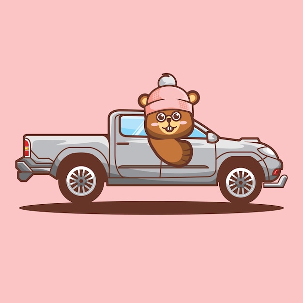 un simpatico castoro che guida un'illustrazione vettoriale di un cartone animato pickup