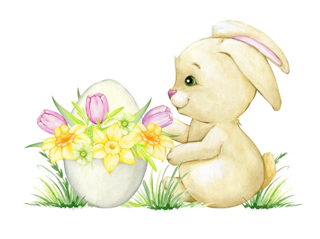 Un simpatico coniglietto un bouquet di fiori primaverili in un guscio d'uovo Concerto di Pasqua ad acquerello