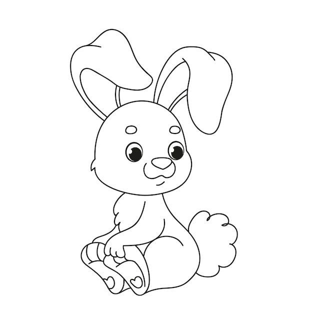 Un simpatico coniglio è seduto. Libro da colorare del fumetto dei bambini. Illustrazione vettoriale in bianco e nero con il coniglietto di Pasqua. Compito di sviluppo per il divertimento del bambino