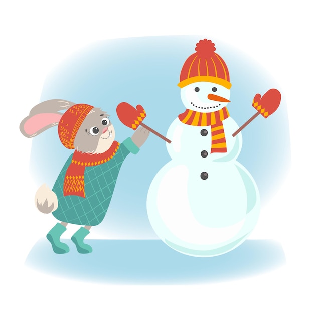 Un simpatico coniglio scolpisce un pupazzo di neve e gli mette guanti e un cappello Illustrazione vettoriale in uno stile piatto