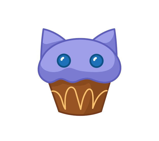 Un simpatico cupcake con crema blu a forma di faccia di gatto con orecchie e crema Illustrazione vettoriale