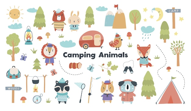 Un simpatico set con animali della foresta da campeggio, badge scout, tende e altro Illustrazione vettoriale
