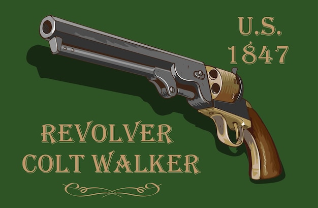 un sistema di puledro revolver dell'esercito americano del 1847 con iscrizioni e testo nello stile del libro