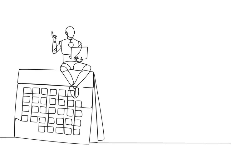 Vettore un solo disegno di una linea robotico seduto su una scrivania gigante calendario tenendo il portatile sollevare una mano vettore