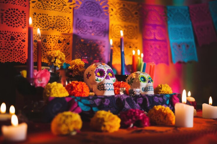 Vettore un tavolo con teschi e fiori e candele di fronte a un muro con una candela al centro