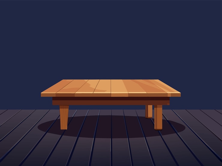 Vettore un tavolo di legno con una cima di legno si siede su un pavimento di legno