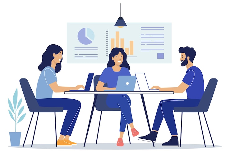 Vettore un team di professionisti che collaborano a un progetto in un moderno ambiente d'ufficio
