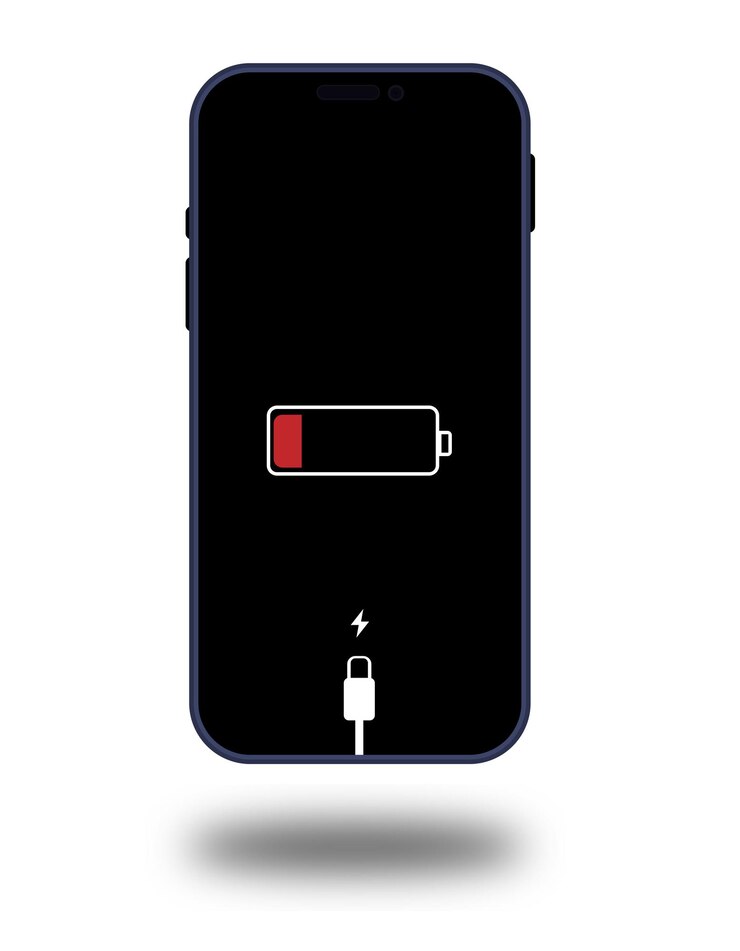 Un telefono cellulare con una schermata di ricarica della batteria bassa su sfondo bianco