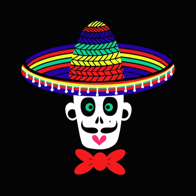 Un teschio messicano di un uomo zombie con un cappello da sombrero. Un teschio per il design concettuale della festa di Halloween. Illustrazione vettoriale