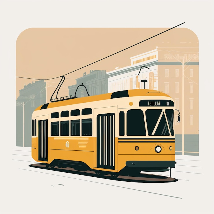 Vettore un tram giallo e bianco è sui binari di una città.