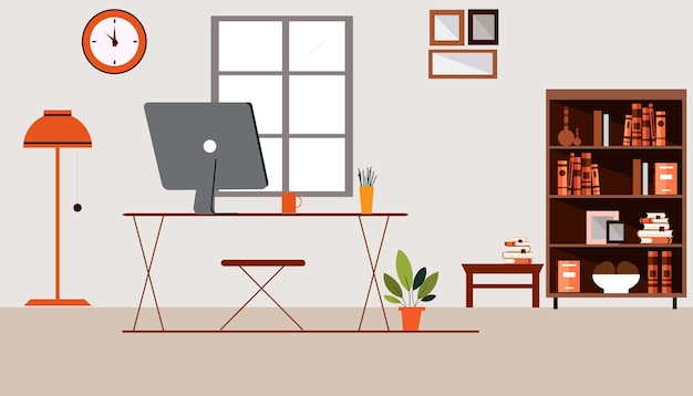 Un ufficio in casa con un computer su una scrivania e una finestra con sopra una pianta.