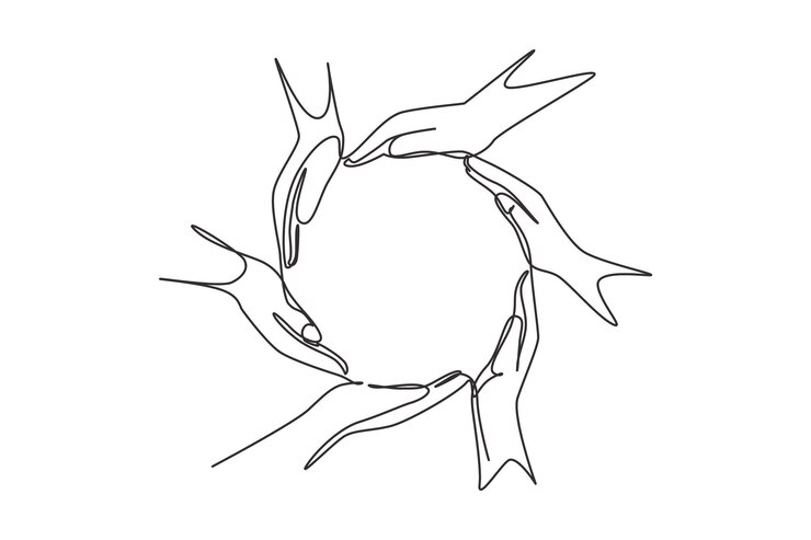 Vettore un'unica linea continua disegnata palme e cerchio gesto della mano segno simbolo di cooperazione di protezione