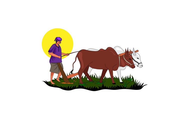 Un uomo ara l'erba con due mucche illustrazione vettoriale