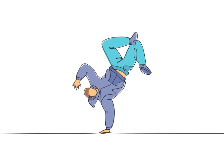 Vettore un uomo ballerino di strada con disegno a linea singola con felpa con cappuccio che esegue danza hip hop sul palco vettoriale