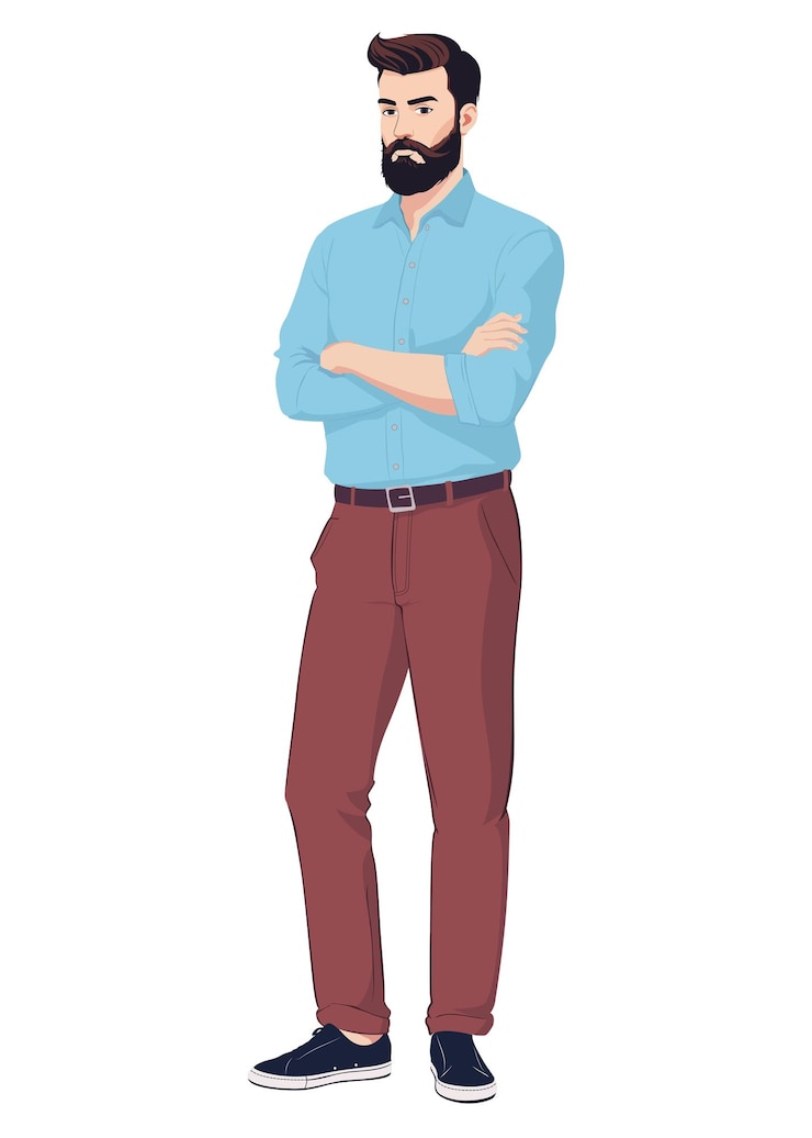 Vettore un uomo barbuto con una camicia blu e pantaloni marroni sta in piedi con le braccia incrociate sul petto