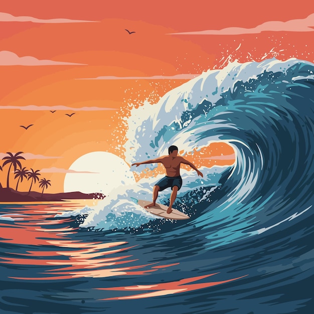 Un uomo che fa surf su una grande onda al tramonto sulla costa tropicale