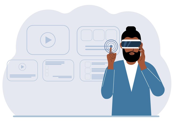 Vettore un uomo che indossa un auricolare di realtà virtuale studia, lavora, gioca e lavora.
