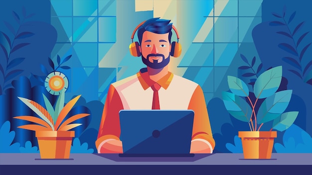 un uomo con le cuffie e un portatile con un uomo che lavora sul suo computer