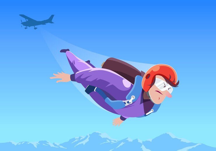 Vettore un uomo con un abito da cielo viola con un paracadute e un aereo che vola sullo sfondo.