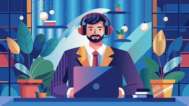 un uomo con un auricolare e un portatile davanti a lui