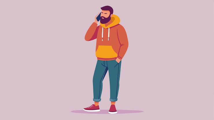 Vettore un uomo con un cappuccio che parla al cellulare