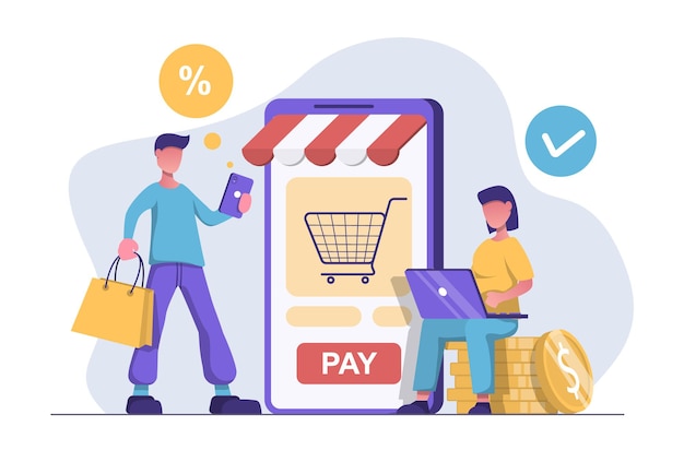 Un uomo con una borsa sta facendo acquisti in un negozio online dal suo smartphone Mobile commerce