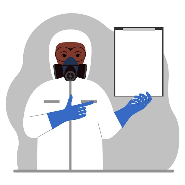 Un uomo con una tuta protettiva contro le radiazioni bianche e un casco con un respiratore, un'uniforme di sicurezza chimica o biologica. Contiene un blocco per appunti con un foglio.