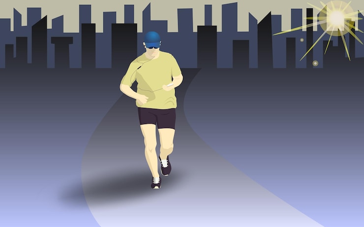 Vettore un uomo con uno smartphone in mano corre sullo sfondo della città stile di vita sano