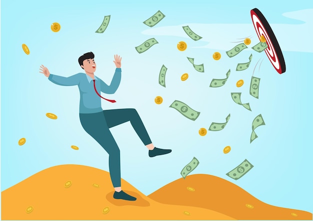 Un uomo d'affari allegro che salta per celebrare il successo e la ricchezza nel raggiungere l'obiettivo Illustrazione azionaria
