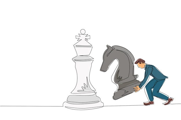 Un uomo d'affari che disegna una sola linea tiene un cavaliere a scacchi per battere il re a scacchetti Pianificazione strategica