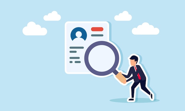 Un uomo d'affari con una lente d'ingrandimento che osserva un curriculum vitae o un'illustrazione di revisione o analisi della capacità di un candidato impiegato ricercato