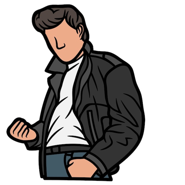 un uomo di cartone animato in giacca e jeans sta guardando giù