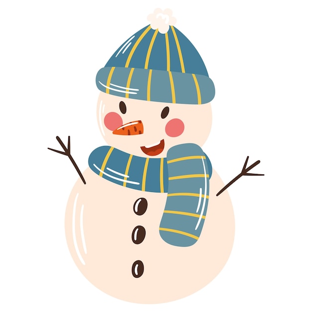Un uomo di neve felice con un cappello e una sciarpa