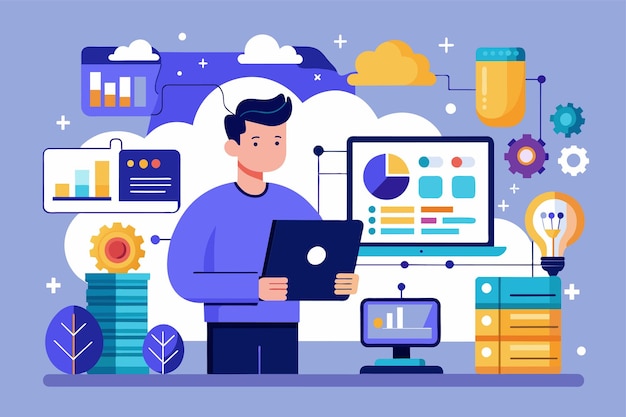 Un uomo è in piedi di fronte a un computer portatile che appare focalizzato sullo schermo gestione e analisi di grandi dati Illustrazione vettoriale piatta semplice e minimalista