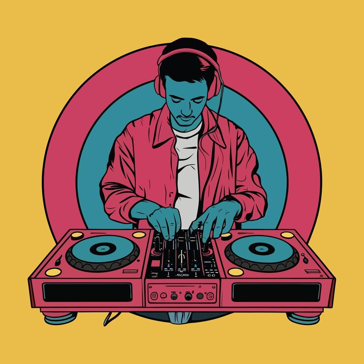 un uomo è seduto di fronte a un set di attrezzature DJ