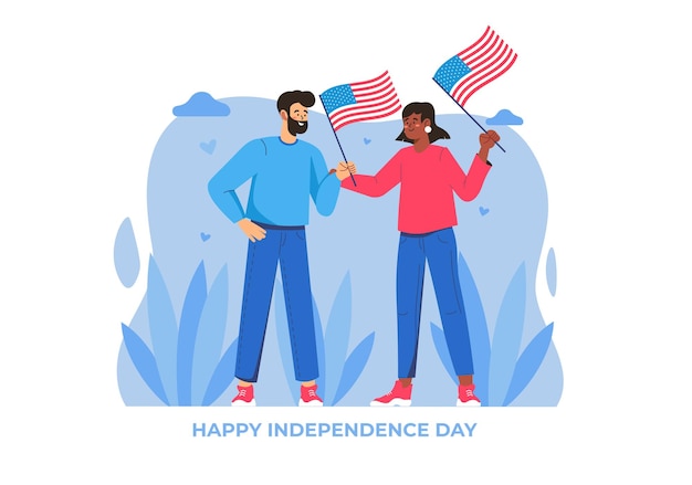 Un uomo e una donna che festeggiano il giorno dell'indipendenza tenendo in mano bandiere americane illustrazione vettoriale