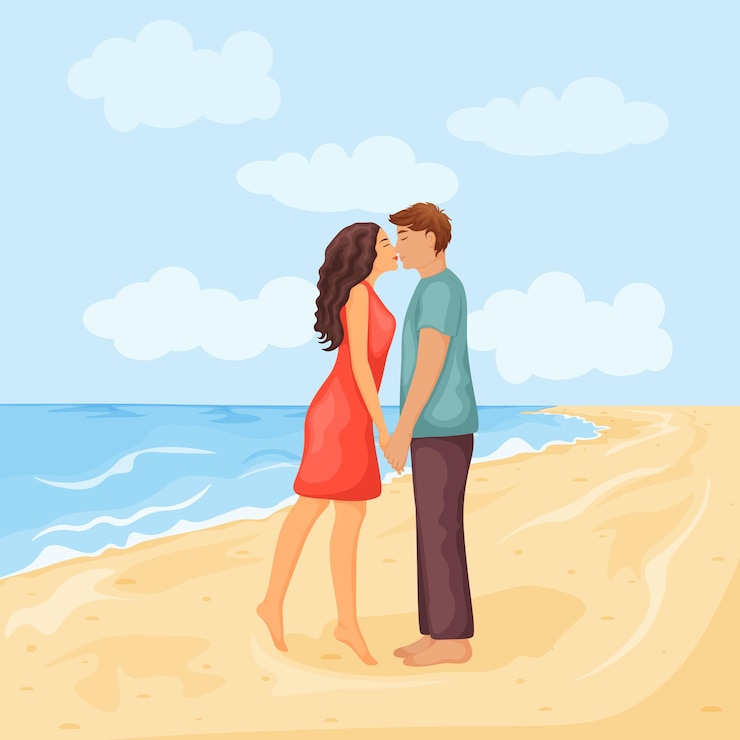 Vettore un uomo e una donna che si baciano sulla spiaggia illustrazione romantica di un uomo e di una donna in piedi sulla spiaggia