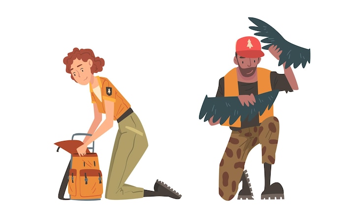 Vettore un uomo e una donna ranger forestali in uniforme al parco nazionale proteggono e conservano la flora e la fauna