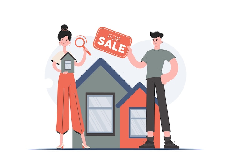 Vettore un uomo e una donna sono in piena crescita alla ricerca di una casa nel mercato immobiliare ricerca di proprietà stile piatto elemento per siti di presentazioni illustrazione vettoriale
