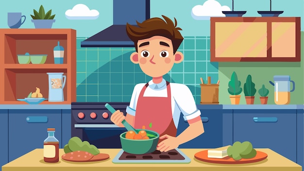un uomo in un grembiule che cucina cibo in una cucina