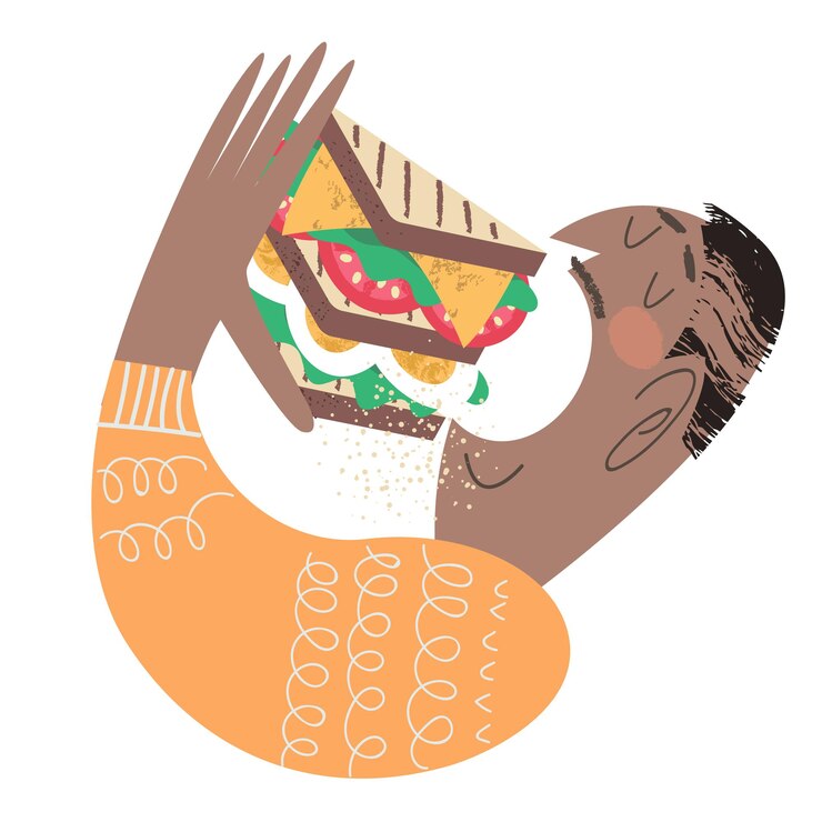 Un uomo mangia un panino molto grande Illustrazione divertente di vettore in stile cartone animato piatto