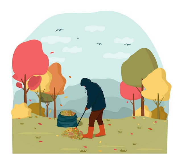 Un uomo rimuove le foglie d'autunno cadute con un rastrello contro un bellissimo paesaggio