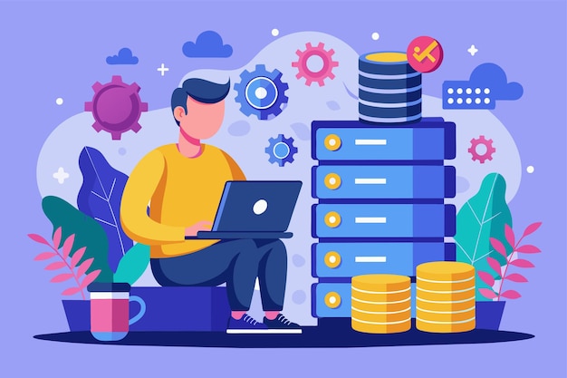 Un uomo seduto su una pila di monete che lavora su un computer portatile Programmatore manutenzione gestione di banche dati di grandi dati Illustrazione vettoriale piatta semplice e minimalista