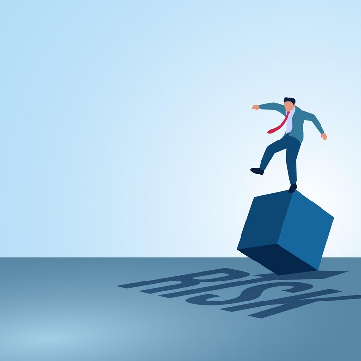 Un uomo si trova con attenzione su una scatola rovesciata e c'è un'ombra che dice rischio Illustrazione di errori di gestione del rischio strategia di business e pianificazione