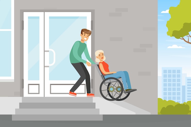 Vettore un uomo sorridente spinge una sedia a rotelle con una donna disabile giù per la rampa illustrazione vettoriale