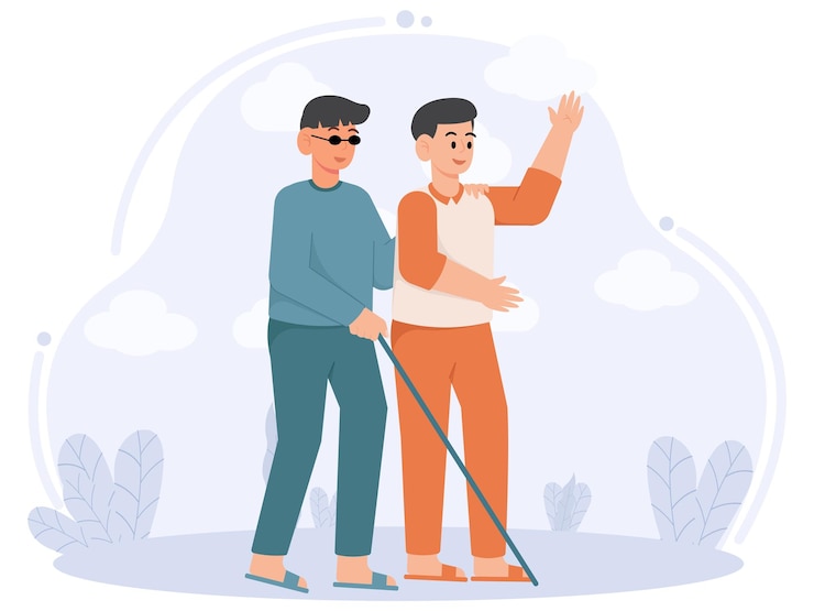 Vettore un uomo sta camminando con un uomo con una disabilità cieca e saluta qualcuno illustrazione